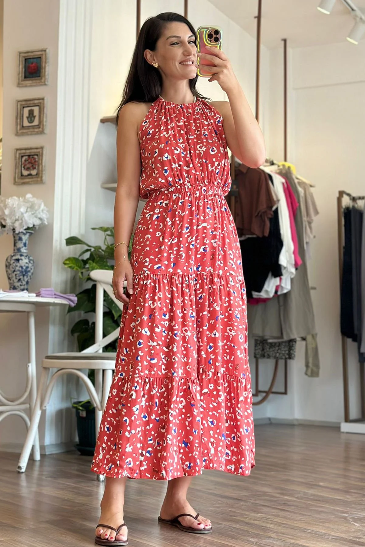 Octagon Halter Yaka Beli Lastikli Maxi Elbise