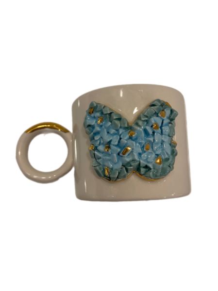 SERAMİK MUG FİNCAN EL YAPIMI GOLD-MAVİ KELEBEK DETAY