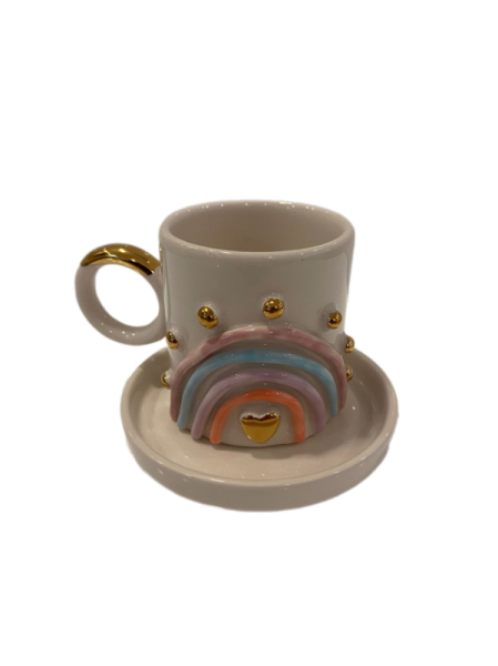 SERAMİK KAHVE FİNCANI DOUBLE EL YAPIMI GOLD-GÖKKUŞAĞI DETAYLI 