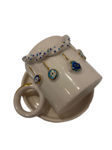 SERAMİK KAHVE FİNCANI DOUBLE EL YAPIMI GOLD-NAZAR BONCUĞU DETAYLI