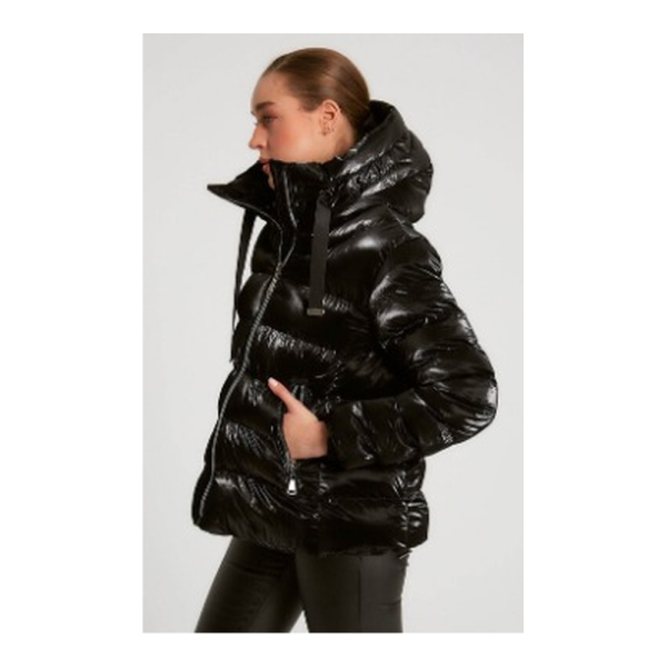 Şişme Kaban Parlak Siyah Kapşonlu