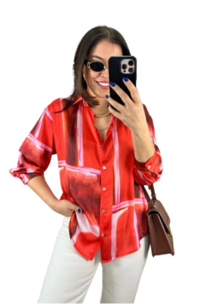 Sedef Düğmeli Desenli Saten Gömlek-Kırmızı