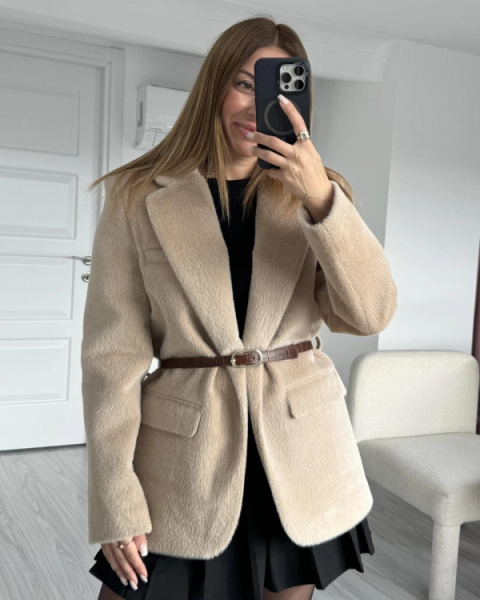 Ceket Premium Kalite Peluş Kemerli Taş 