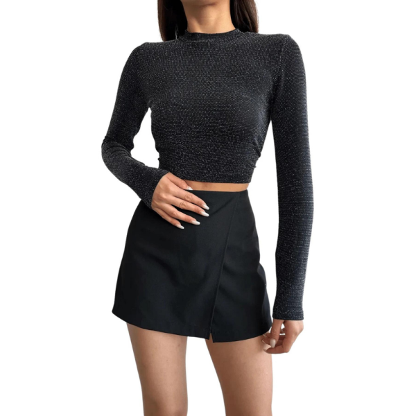 Bluz Simli Sırt Dekolteli Siyah Renk